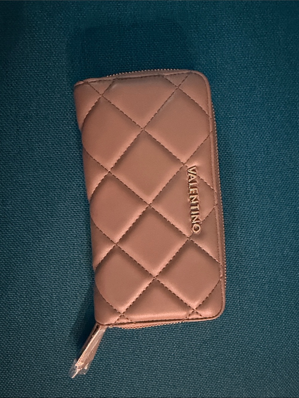 Valentino Quilted Zip Wallet in Dusty Rose with Gold Logo